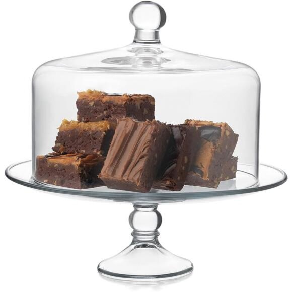 Glass Cake Stand with Dome Lid, Elegant Curved Footed Glass Cake Holder, Covered - Picture 7 of 8
